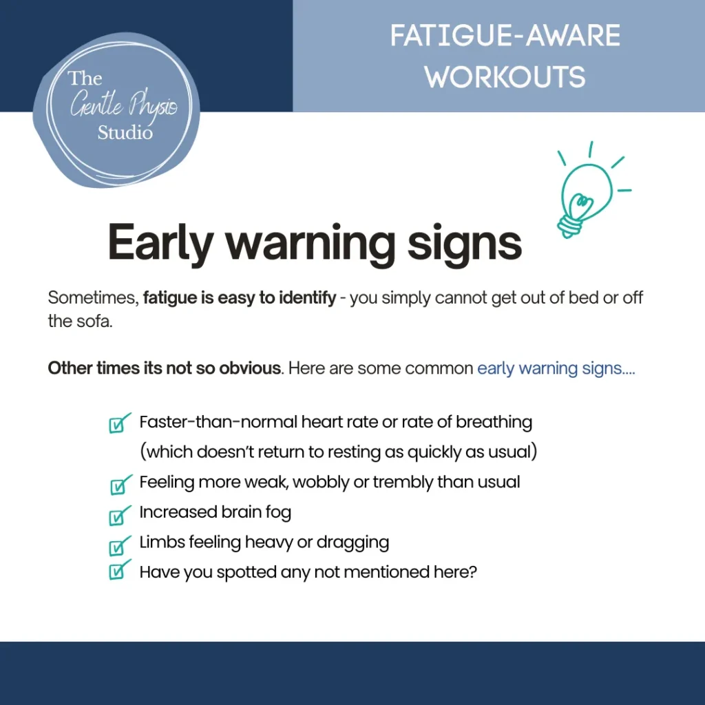 Infographic listing early warning signs of fatigue, including fast heart rate, weak or wobbly limbs, increased brain fog, heavy limbs, and other subtle symptoms, labelled as part of fatigue‑aware workouts.