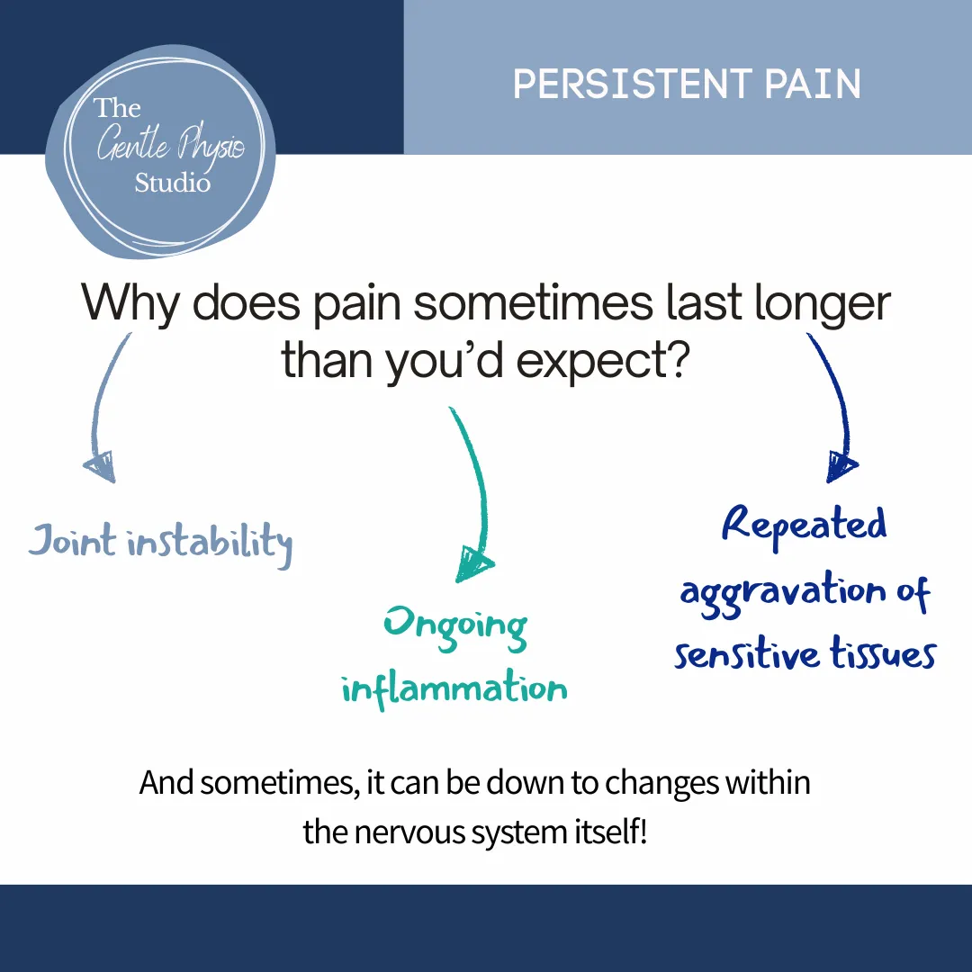 Infographic explaining why chronic pain can persist, showing a diagram labelled “Persistent Pain” with arrows to joint instability, ongoing inflammation, and repeated aggravation of sensitive tissues