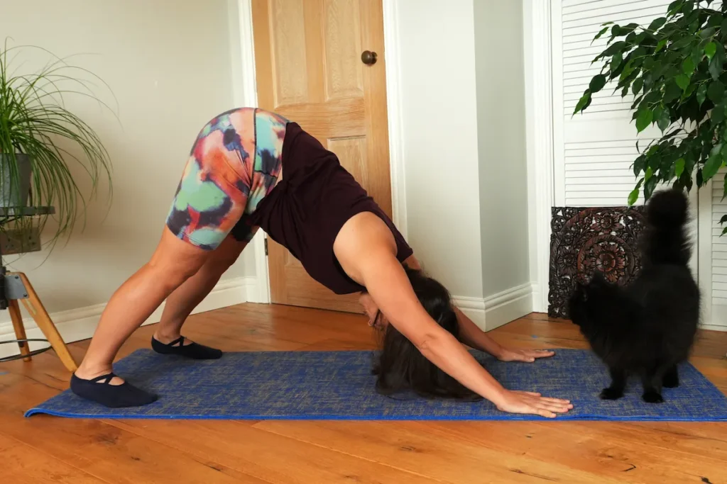 Hollie doing yoga pose called downward facing dog on a yoga mat with a black cat nearby